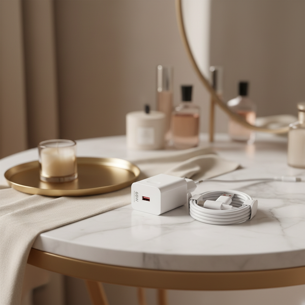 Charger coiled on marble table