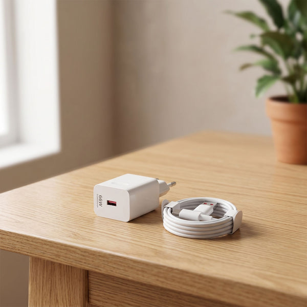 Small-sized 66W EU wall charger for Huawei and Honor phones, placed on a wooden surface with natural daylight highlighting its sleek white finish.